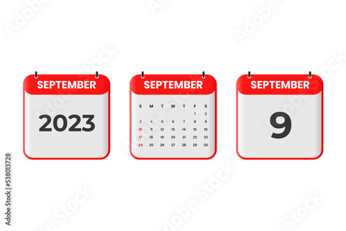 September 2023 calendar design. 9th September 2023 calendar icon for schedule, appointment, important date concept