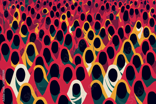 Women's protest in Iran. Crowd of rioting Iranian women wearing hijab.
