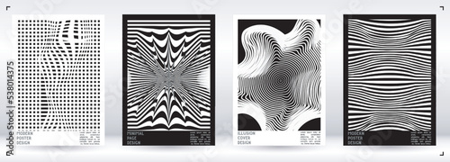 Geometrical Poster Design with Optical Illusion Effect.  Minimal Psychedelic Cover Page Collection. Monochrome Wave Lines Background. Fluid Stripes Art. Swiss Design. Vector Illustration for Placard.