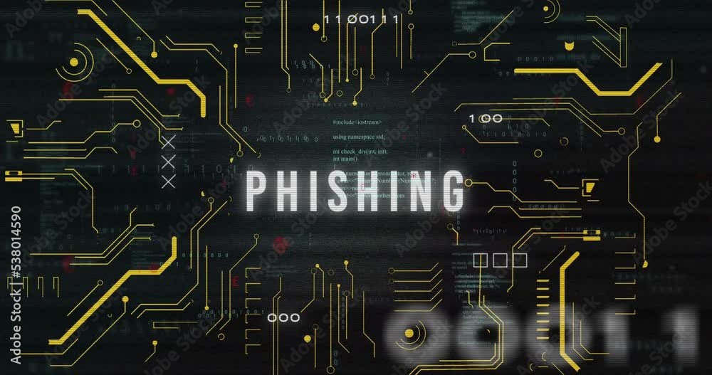 Animation of phishing text and data processing over computer motherboard