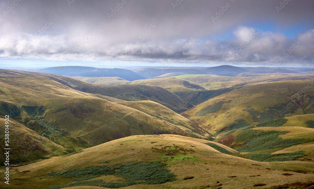 Views of Rowhope Burn near the Scottish border below Windy Gyle in the Cheviot Hills in Northumberland, England
