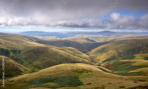 Views of Rowhope Burn near the Scottish border below Windy Gyle in the Cheviot Hills in Northumberland, England