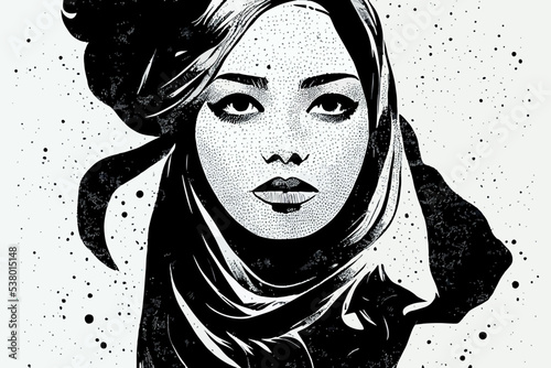 Black and white illustration of Iranian woman in hijab. Protest Iran, women freedom
