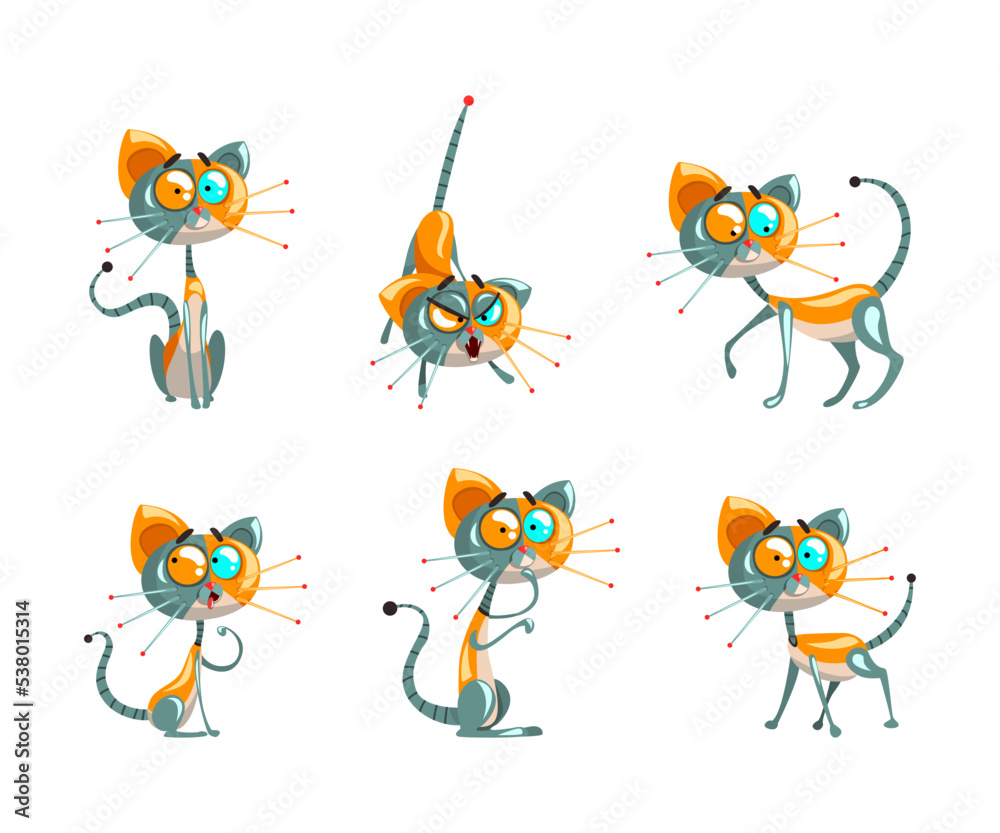 Cute Robotic Cat with Metal Tail and Whiskers Sitting and Walking Vector Set