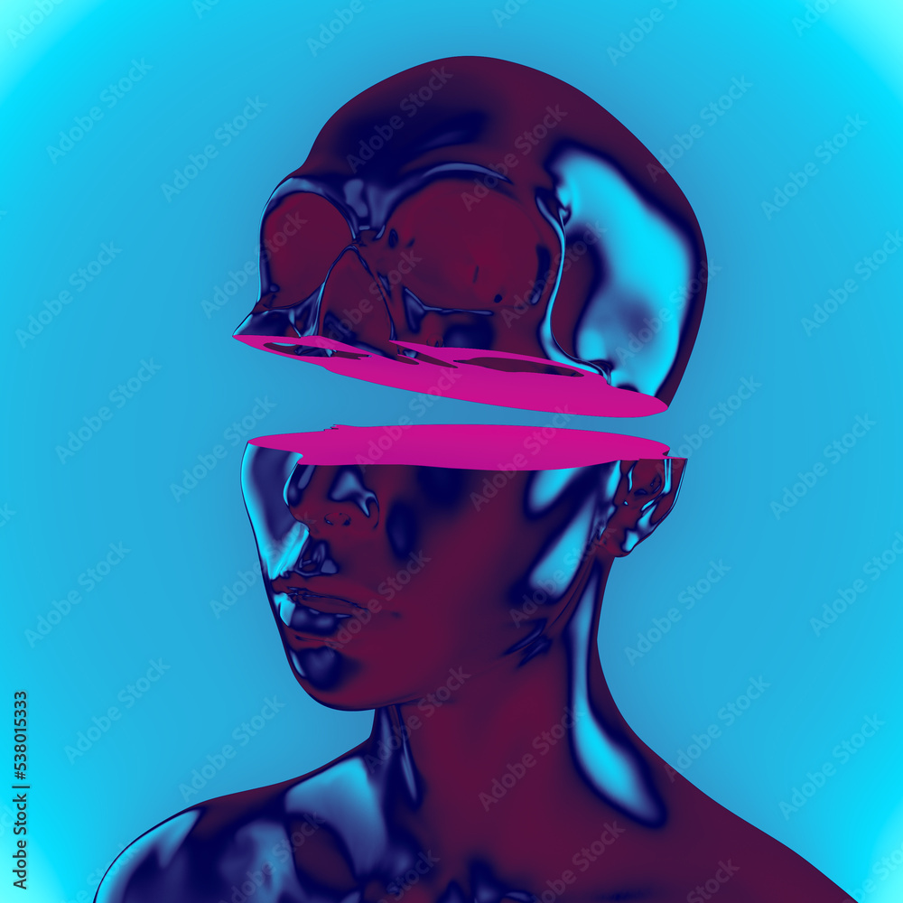 Abstract concept sculpture illustration from 3D rendering of female bust sliced cut head with skull upper part and isolated on background in bright vaporwave colorful palette.