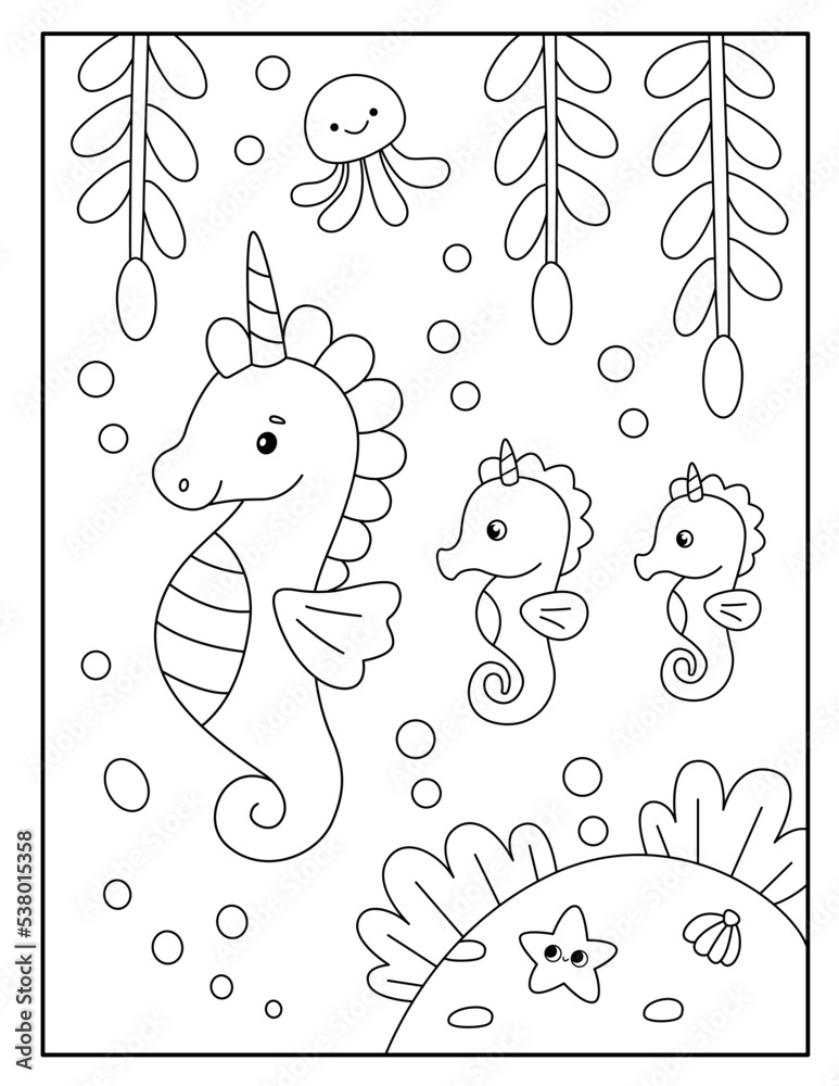 Cute seahorse coloring page for kids Stock Vector | Adobe Stock