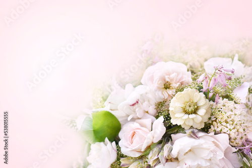Fototapeta Naklejka Na Ścianę i Meble -  Delicate blooming festive white peony and zinnia flowers, blossoming garden flower background, bouquet floral card, selective focus