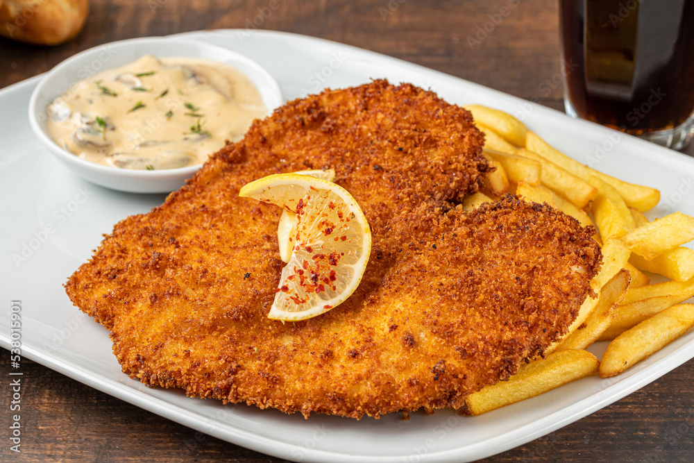 Chicken schnitzel with butter and potato salad on white porcelain plate Chicken schnitzel with butter and potato salad on white porcelain plate