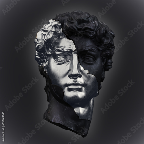 Abstract illustration from 3D rendering of a silver and black marble head of male classical sculpture broken in three pieces and isolated on dark background.