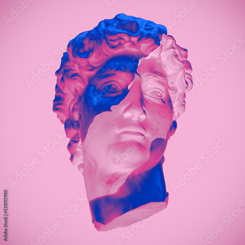 Abstract illustration from 3D rendering of a black and white marble head of male classical sculpture broken in three pieces in vaporwave style psychedelic colors and isolated on colorful background.