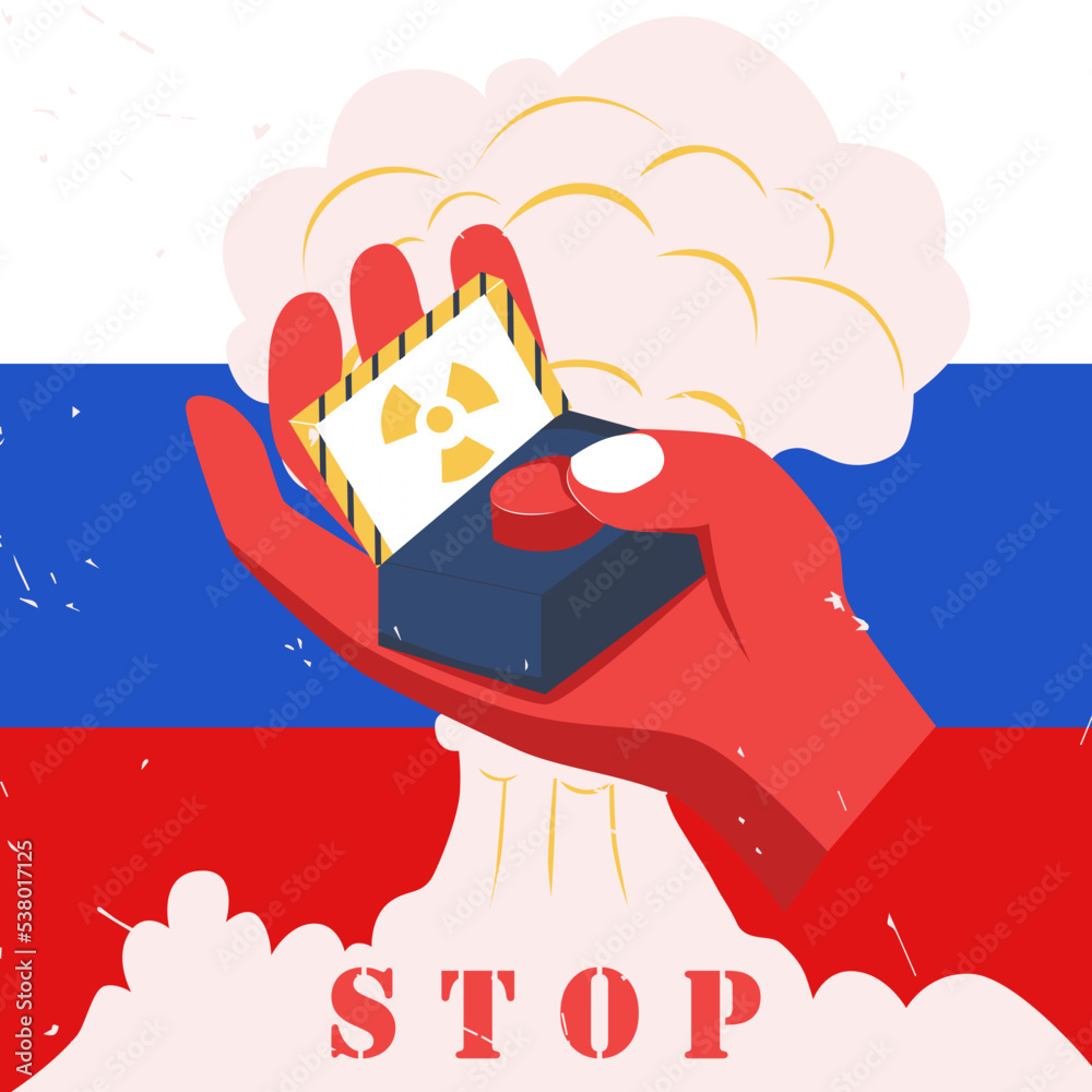 Nuclear weapons, atomic bomb explosion. Finger push red nuclear button on Russian flag