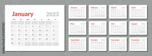 2023 Calendar Planner Template. Vector layout of a wall or desk simple calendar with week start monday. Calendar grid in grey color for print