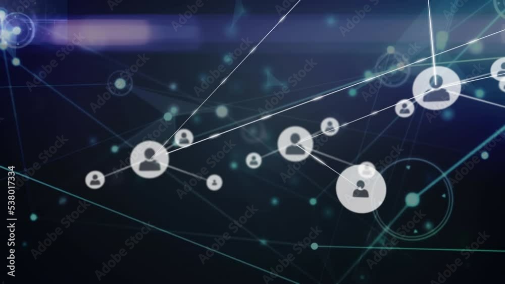 Animation of network of profile icons over light trails against blue background Animation of network of profile icons over light trails against blue background