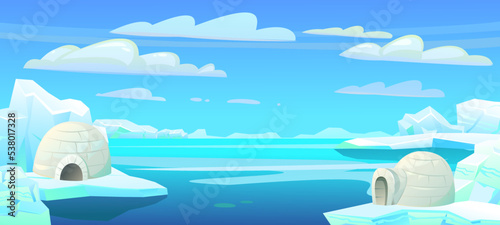 Snow igloo house. Ice landscape. Dwelling of northern nomadic peoples in Arctic. From ice and snow blocks. illustration vector.
