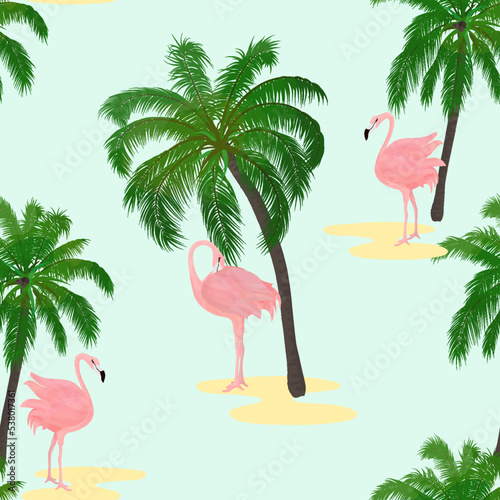 Seamless pattern with flamingos and palm trees for fabrics and wallpapers.