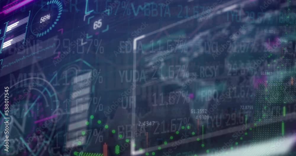 Animation of financial data processing and statistics over world map Animation of financial data processing and statistics over world map
