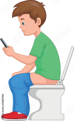 cartoon boy peeing or pooping and holding phone in toilet