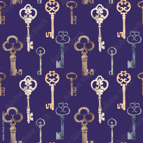 Watercolor seamless antique keys on a colored background. Rusty iron key, vintage illustration.For your design fabrics, wrapping paper, stationery. © Yana