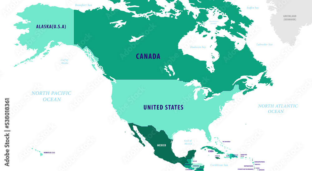 Colored map of the North American Continent green PNG