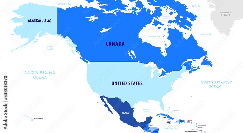 Colored map of the North American Continent blue PNG