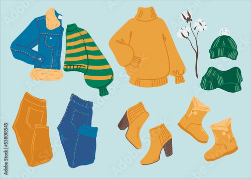 Set of winter warm clothes. Sweaters, jacket, pants, hat and shoes in cute style. Design elements. Vector illustration in a flat style.