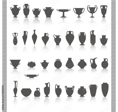 Greek vases silhouettes. Ancient amphoras and pots glyph illustration. Clay ceramic earthenware. Vector.