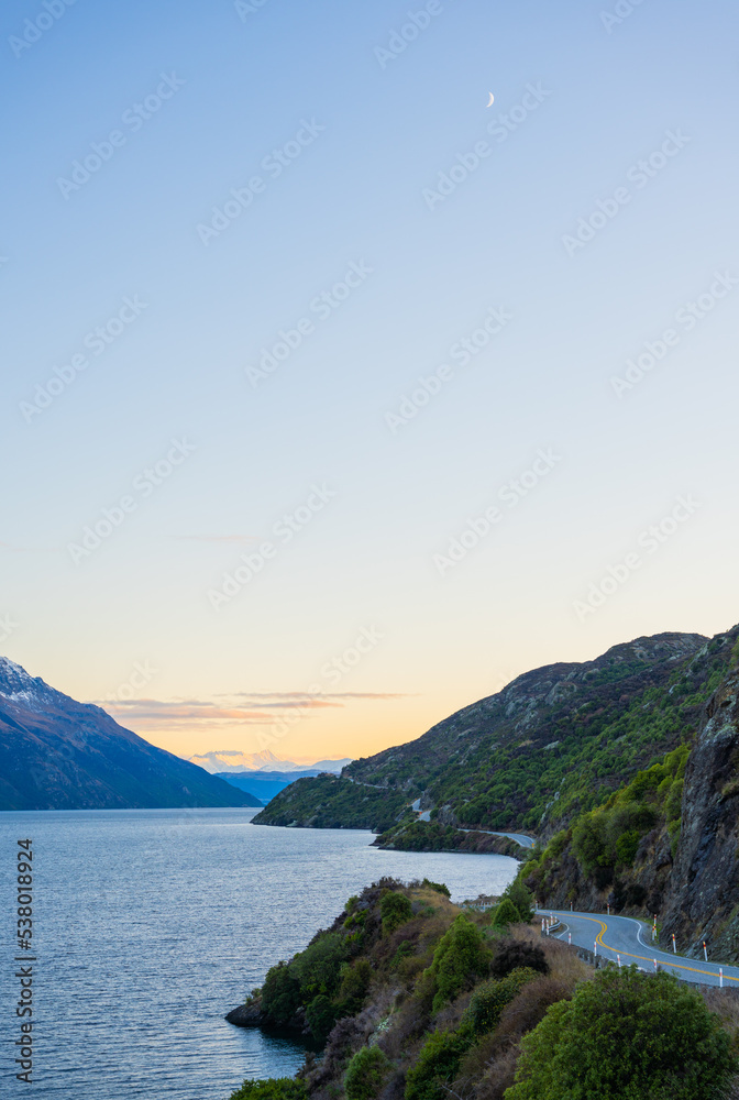 Winding Road on Lake near Queenstown in New Zealand Winding Road on Lake near Queenstown in New Zealand