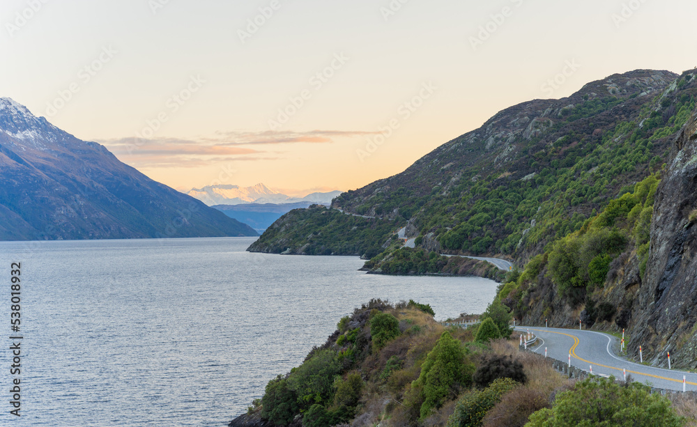 Winding Road on Lake near Queenstown in New Zealand