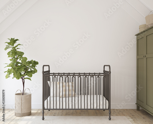 Nursery interior in farmhouse style. 3d render.