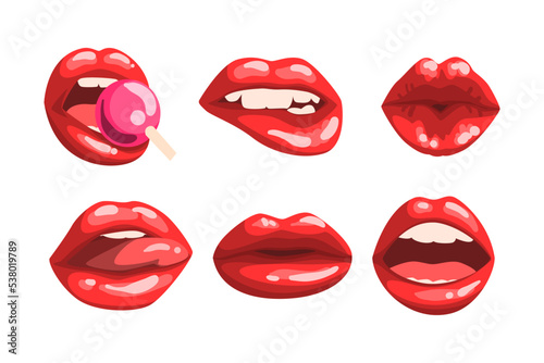 Red Glossy Lips as Girls Mouth with Lollipop and Half Open in Sensual Expression Vector Set