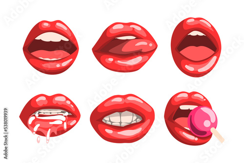 Red Glossy Lips as Girls Mouth with Lollipop and Half Open in Sensual Expression Vector Set