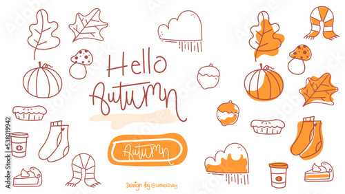 Autumn pumpkin aesthetic doodle cute fall orange vector cozy illustration leaves
