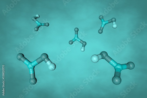 Nitric acid, a highly corrosive mineral acid. Molecular model on turquoise background. Scientific background. 3d illustration photo