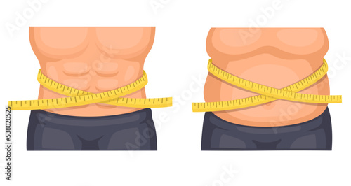 Man belly fit and fat comparison with ribbon ruler illustration vector