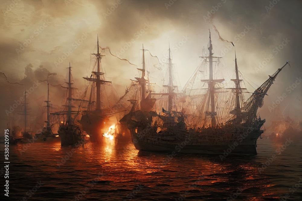 An ocean battle during the 16th century featuring sailing ships and galleons exchanging gunfire with cannons. Pirate ships burning engulfed in flames of cannons attacking.