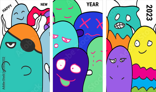 2023 Happy New Year. Kawaii doodle monster tersenyum pola mulus untuk cetakan anak, desain dan buku mewarnai. Ilustrasi vektor photo