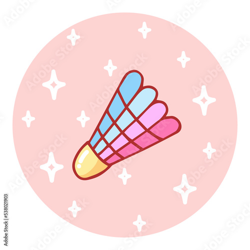Cute hand-drawn shuttlecock in doodle cartoon style. Round composition in neutral candy colors. Kawaii element for card, social media banner, sticker, kids playroom decor. Vector illustration