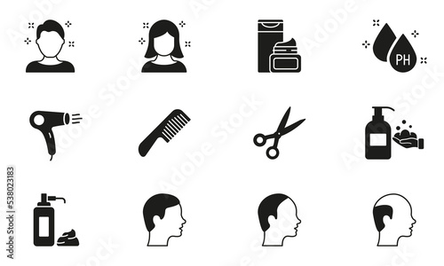 Barbershop and Hairdresser Silhouette Icons. Hair Care and Hairdressing Tools Icons Set. Barber Comb, Scissors, Dryer, Shampoo and Shaving Cream. Isolated Vector Illustration