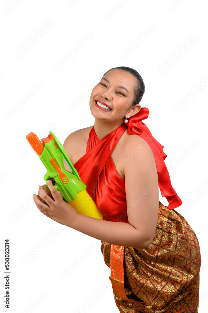 Portrait beautiful woman in Songkran festival with water gun Portrait beautiful woman in Songkran festival with water gun