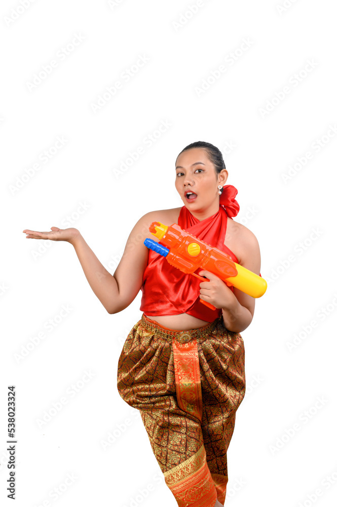 Portrait beautiful woman in Songkran festival with water gun