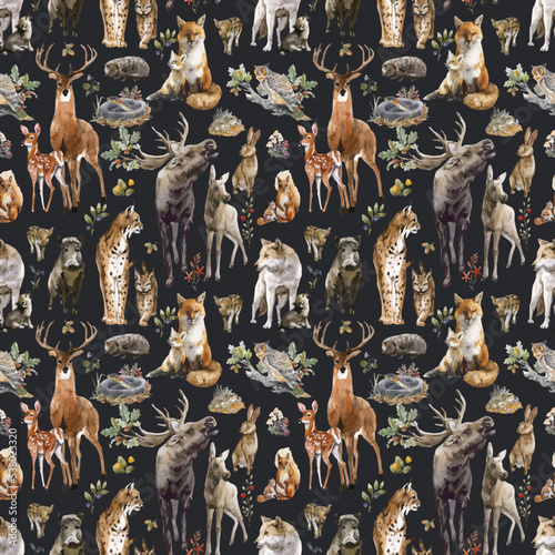 Beautiful vector seamless pattern with watercolor hand drawn forest wild deer elk lynx fox wolf snake rabbit squirrel animals with babies. Stock illustration.
