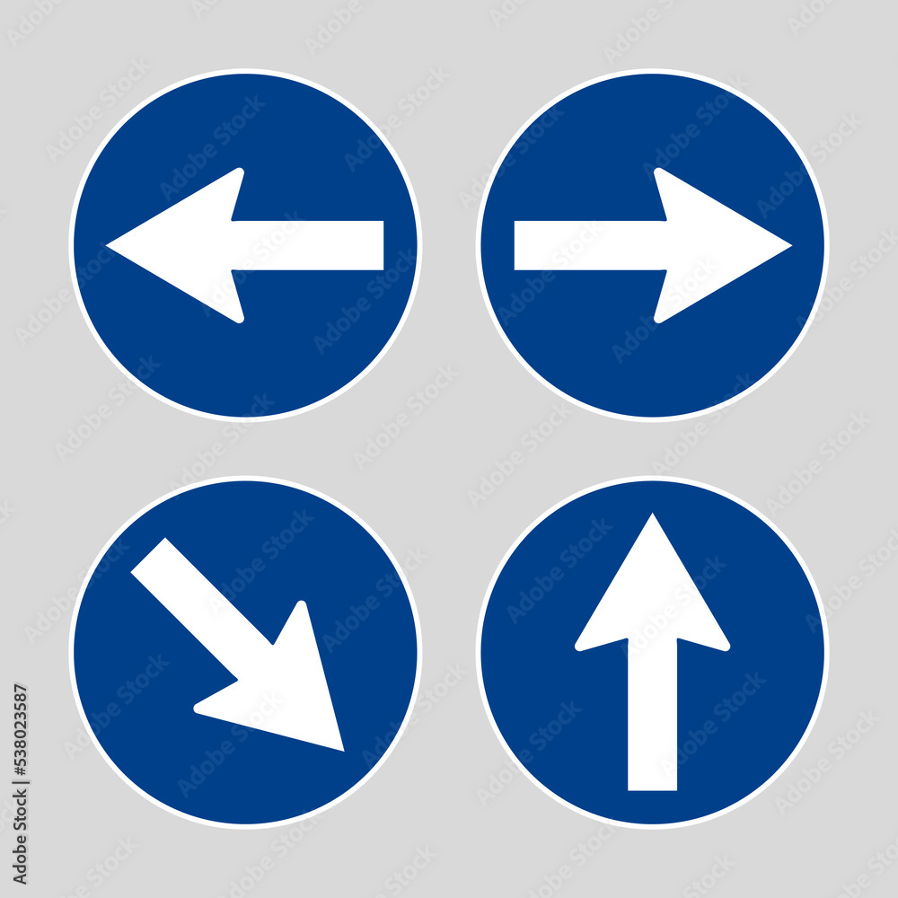 Left, right and straight direction turn regulatory blue vector sign set Left, right and straight direction turn regulatory blue vector sign set