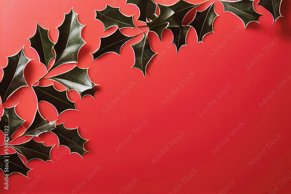Holly Berry branches on red background as christmas decoration Stock
