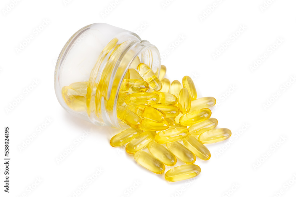 Omega 3 capsules in glass bottle isolated on white background. Softgels, tablets for skin, health, disease treatment. Health care, diet, heart cardiovascular support , skin care, pharmacy concept Omega 3 capsules in glass bottle isolated on white background. Softgels, tablets for skin, health, disease treatment. Health care, diet, heart cardiovascular support , skin care, pharmacy concept