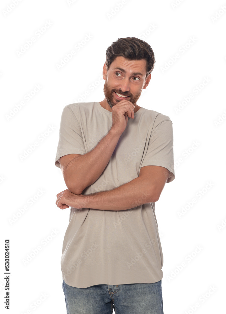 Embarrassed man in shirt on white background