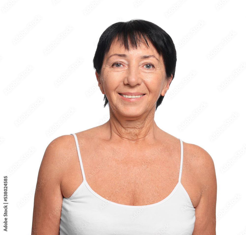 Portrait of smiling senior woman on white background Portrait of smiling senior woman on white background