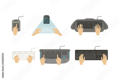 Keyboard with Human Hands Typing and Pressing Computer Buttons Vector Set