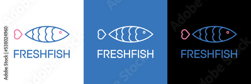 Fish logo template design, heart idea love, flat vector sign, icon, illustration. Symbol restaurant, business, store, product, company, service. Concept, fishing, ocean food, shape animal, salmon, sea