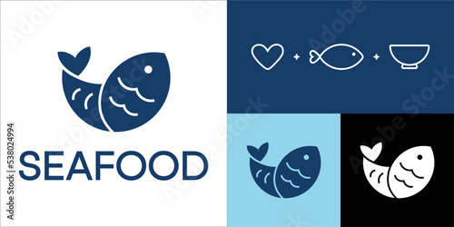 Logo template design, love fish food metaphor, flat vector sign icon illustration. Symbol restaurant, business, store, product, company. Concept, fishing, ocean food, sea, shape, animal, idea, sushi.