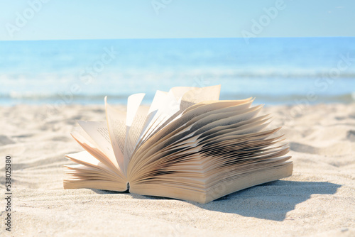 Fototapeta Naklejka Na Ścianę i Meble -  Open book on sandy beach near sea